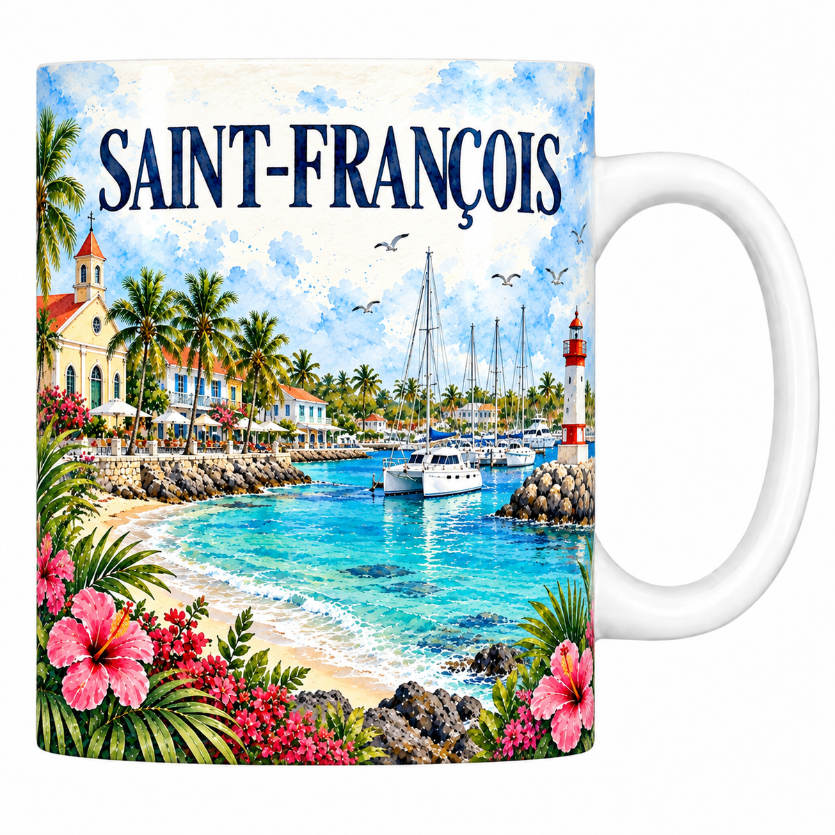 Mug céramique 330 ml Saint-François : la marina, le phare et le lagon en aquarelle