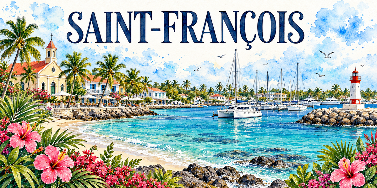 Saint-François en aquarelle : l'église et son clocher au toit rouge à gauche parmi les cocotiers, les maisons claires et les terrasses du front de mer, les voiliers amarrés dans la marina au centre, la digue de gros blocs et le phare rouge et blanc à droite, la plage de sable clair et le lagon turquoise, hibiscus roses et bougainvillées au premier plan