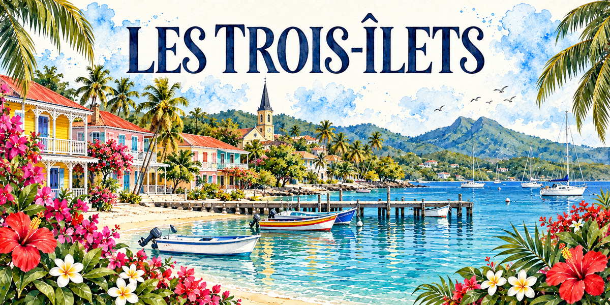 Les Trois-Îlets en aquarelle : les maisons créoles jaunes, roses et bleues à balcons et balustres de bois alignées à gauche sous les cocotiers, l'église et son clocher pointu au centre, le ponton de bois avançant sur l'eau, les barques de pêche colorées et les voiliers, la baie bleu turquoise, les mornes verts au fond, hibiscus et frangipaniers au premier plan