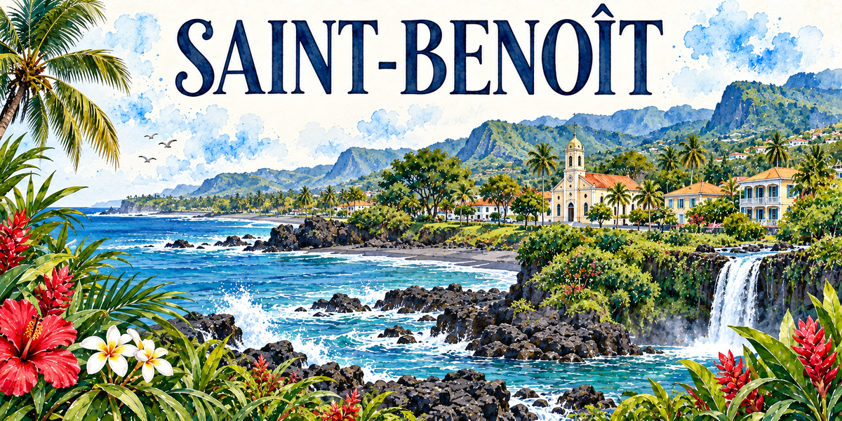 Saint-Benoît en aquarelle : la côte de rochers de basalte noir battue par l'écume blanche au premier plan, l'océan Indien bleu profond à gauche, l'église de pierre claire et son clocher à horloge au centre sur la terrasse verte, les bâtiments créoles aux toits orange et les palmiers, la cascade tombant de la falaise à droite, les remparts boisés au fond, hibiscus rouges et frangipaniers