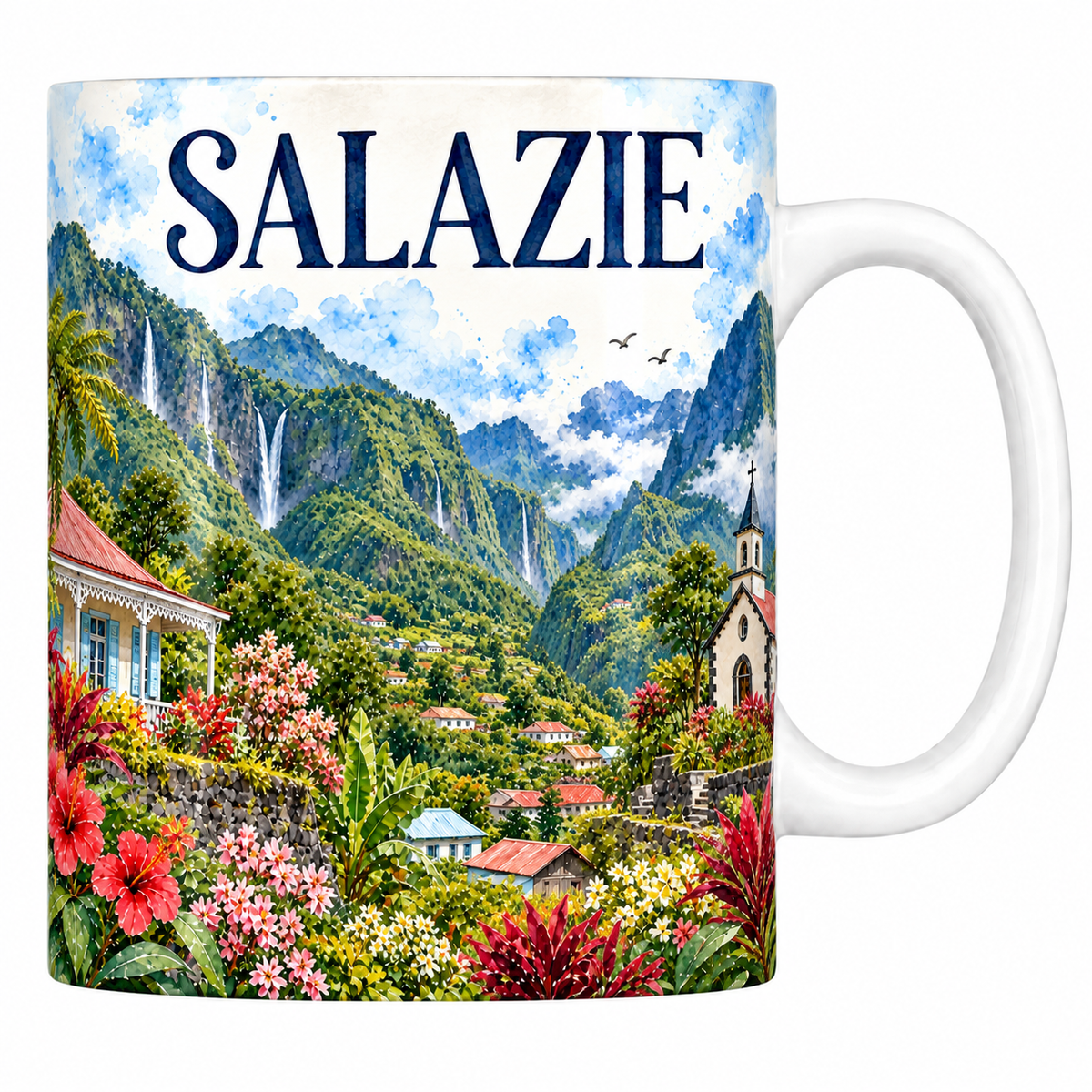 Mug céramique 330 ml Salazie : la case créole et le cirque en aquarelle