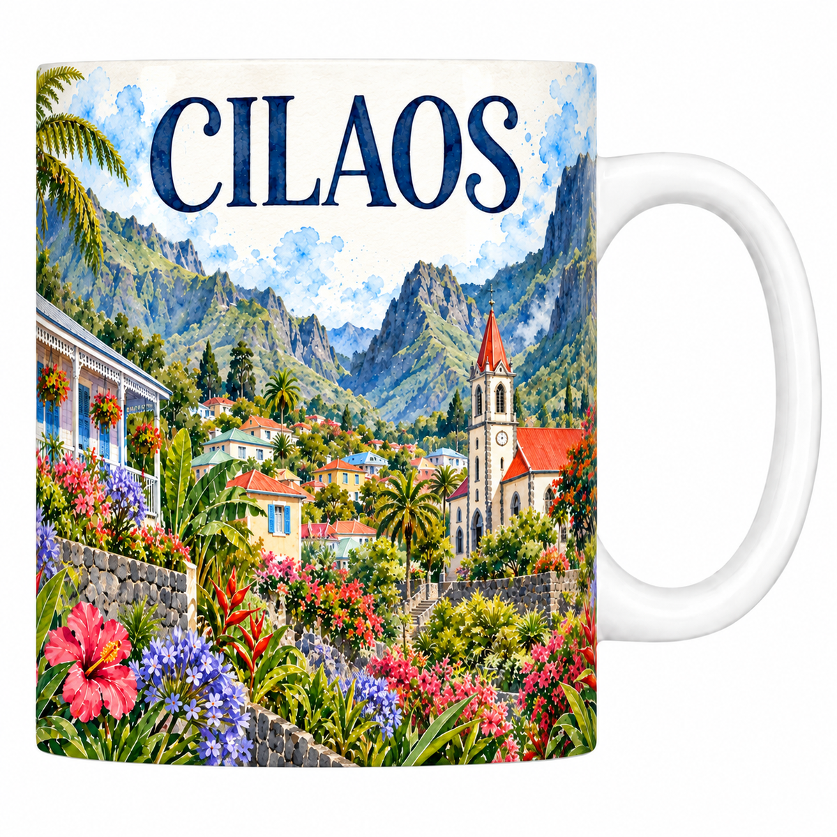 Mug céramique 330 ml Cilaos : les cases créoles et les remparts du cirque en aquarelle