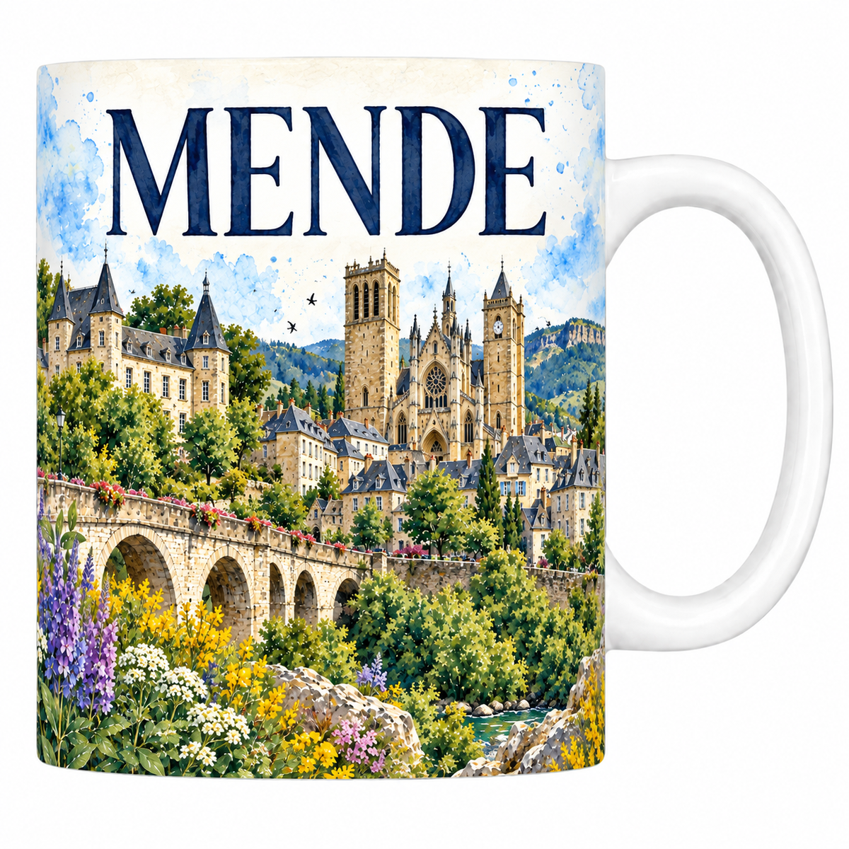 Mug céramique 330 ml Mende : le pont sur le Lot et la cathédrale aux deux tours en aquarelle