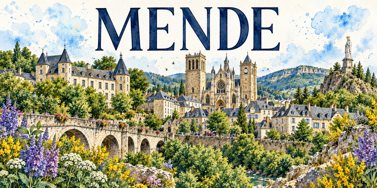 Mende en aquarelle : le pont de pierre à arches franchissant le Lot à gauche, la cathédrale gothique et ses deux tours inégales au centre, un grand bâtiment classique à toits d'ardoise et lucarnes derrière les arbres, les maisons de la ville étagées le long de la rivière, une statue blanche dressée sur un piton rocheux à droite, les collines boisées des causses au fond, lupins violets, ombelles blanches et genêts jaunes au premier plan