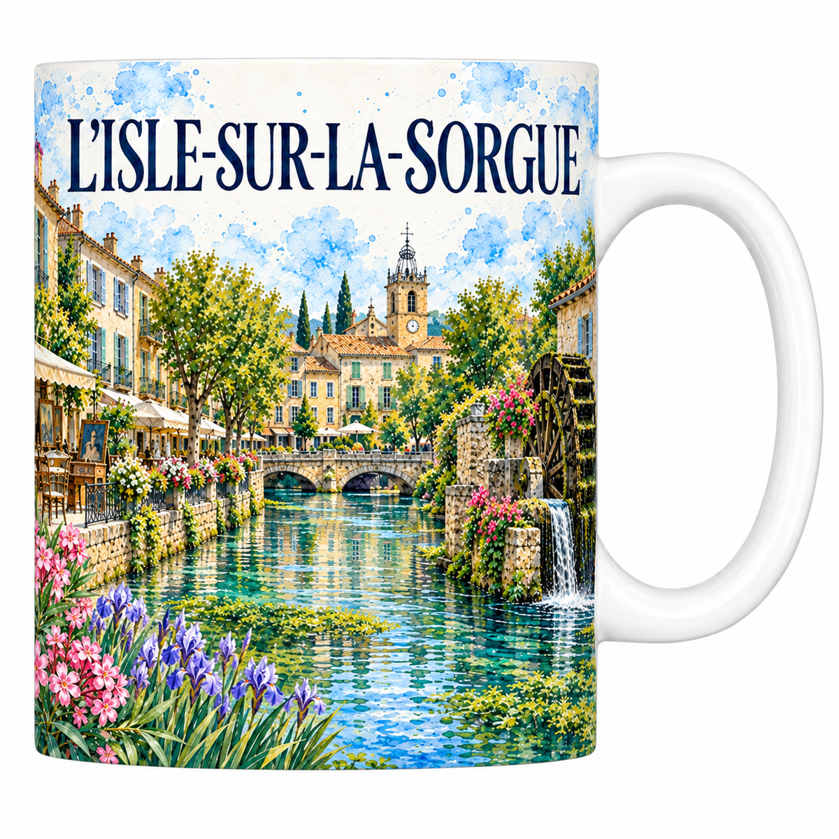 Mug céramique 330 ml L'Isle-sur-la-Sorgue : la roue à aubes, l'eau verte et les étals de brocante en aquarelle