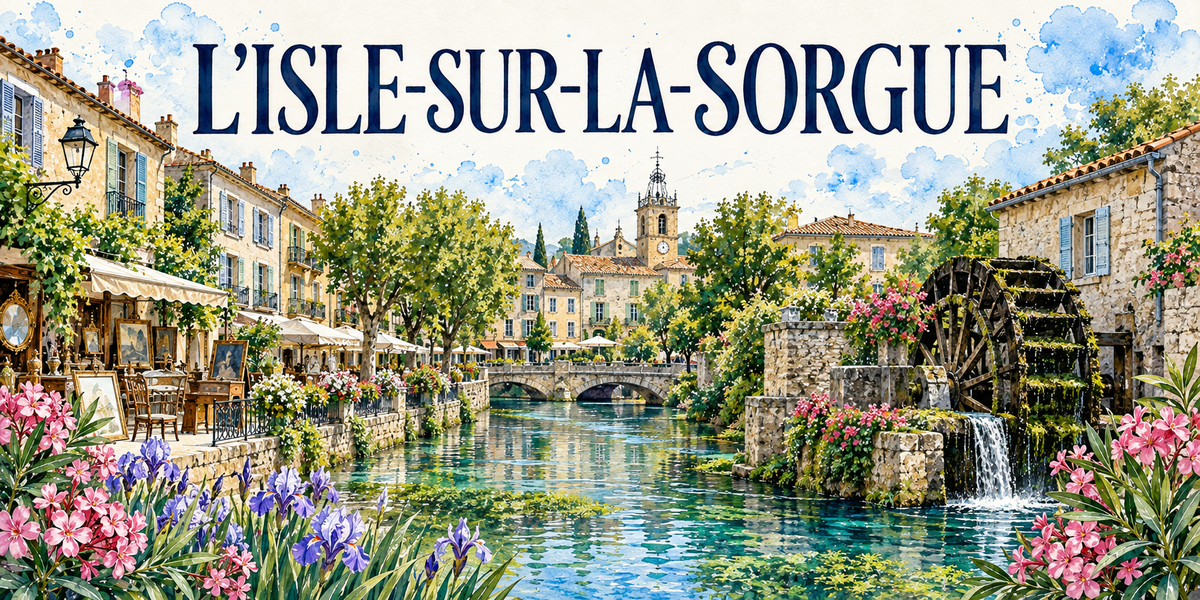 L'Isle-sur-la-Sorgue en aquarelle : la grande roue à aubes de bois couverte de mousse et sa cascade à droite contre une maison de pierre à volets bleus, l'eau verte et limpide de la Sorgue au centre, les étals de brocante sous leurs auvents clairs à gauche avec tableaux et sièges anciens, un pont de pierre à arche, le clocher à campanile de fer forgé au fond, platanes, lauriers-roses et iris violets au premier plan
