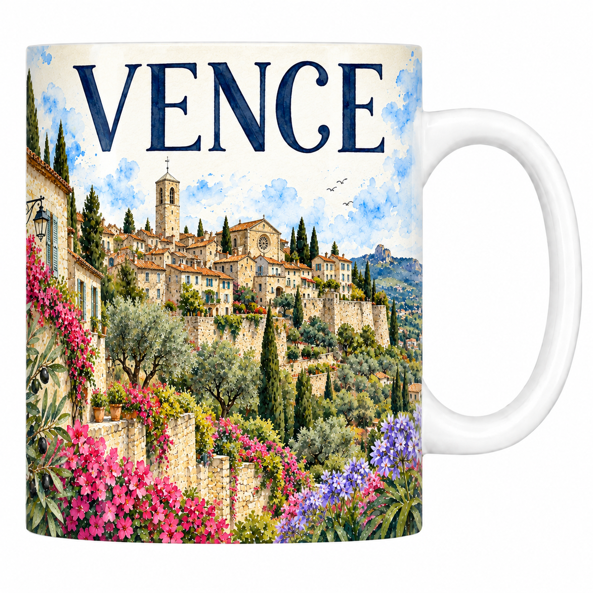Mug céramique 330 ml Vence : le village perché, ses remparts et les oliviers en terrasses en aquarelle