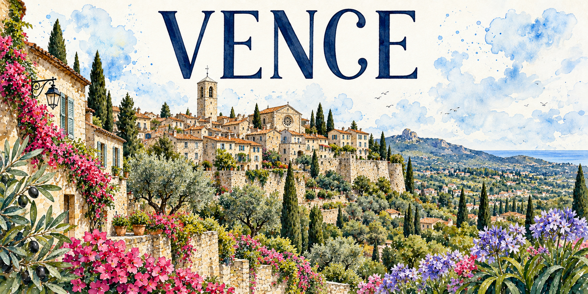 Vence en aquarelle : le vieux village perché sur sa colline au centre, ses maisons de pierre claire à toits de tuiles romaines serrées autour d'un clocher carré et d'une église à rosace, les remparts de pierre sèche et les terrasses d'oliviers en contrebas, des cyprès sombres dressés en rangs, une lanterne de fer forgé et des bougainvillées roses à gauche, les collines boisées et la mer à l'horizon, agapanthes bleues au premier plan