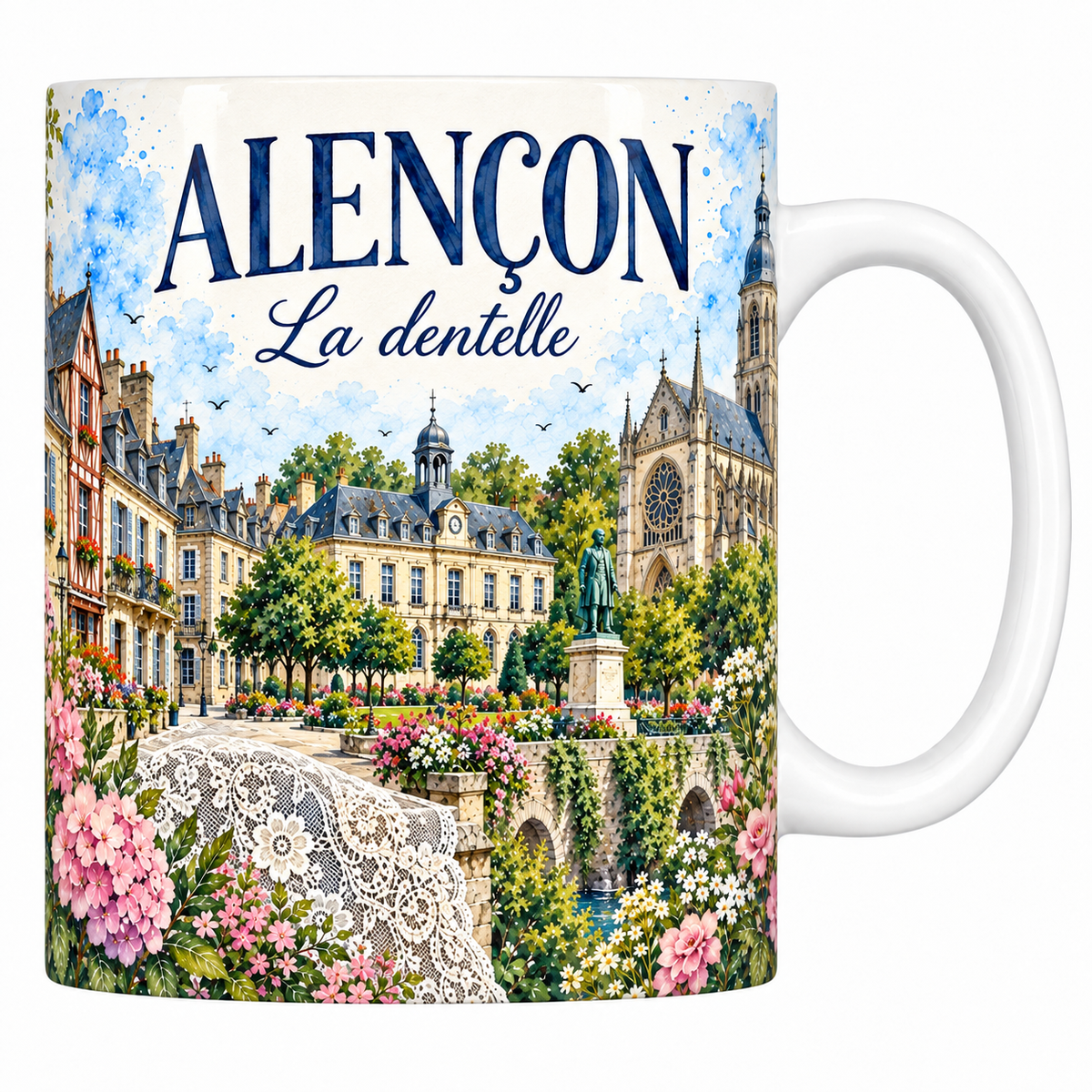 Mug céramique 330 ml Alençon : la basilique, les hôtels de pierre claire et la dentelle en aquarelle