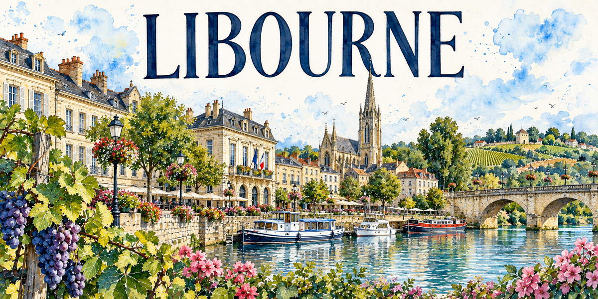 Libourne en aquarelle : les façades classiques de pierre claire et leurs terrasses de café à gauche le long du quai, la haute flèche de pierre de l'église au centre, le pont à arches franchissant la Dordogne à droite, les bateaux de promenade amarrés dont un à coque rouge, les coteaux de vignes et une tour au fond, une treille chargée de grappes noires au premier plan à gauche, fleurs roses au bord de l'eau