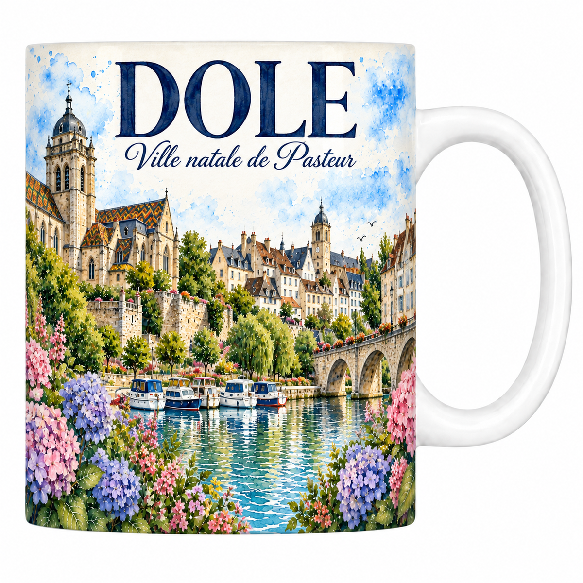 Mug céramique 330 ml Dole : la collégiale, les toits vernissés et le pont de pierre en aquarelle