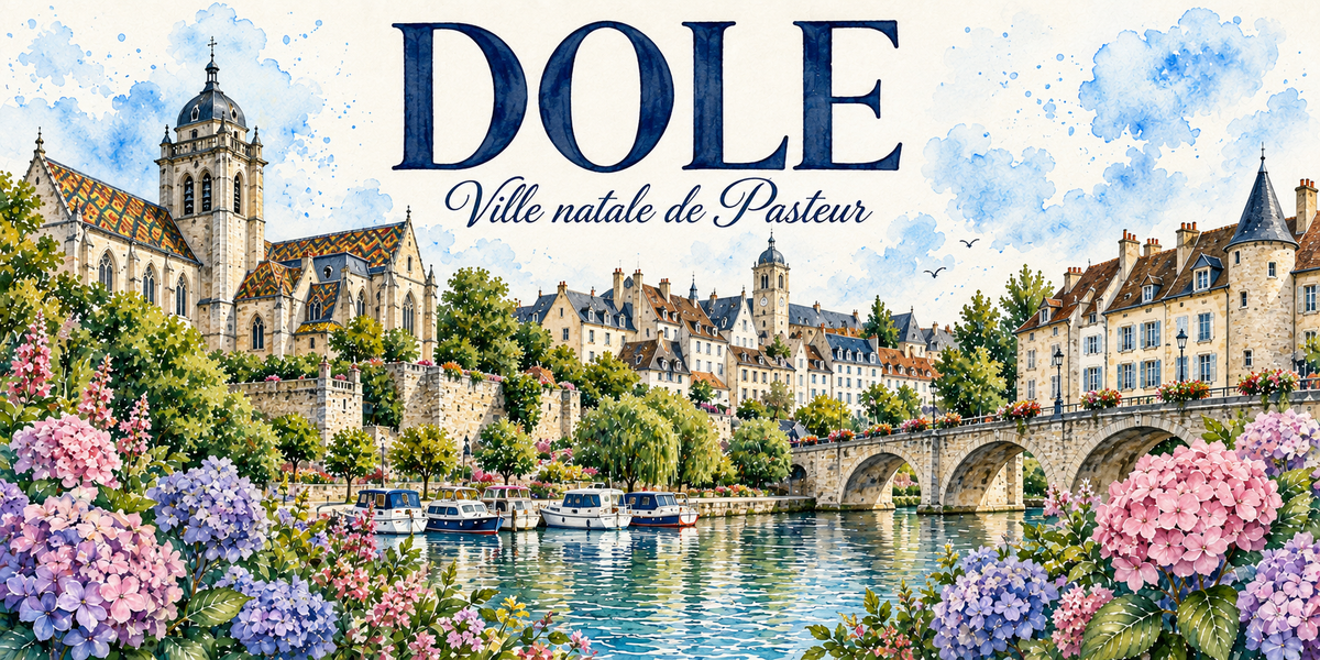 Dole en aquarelle : la collégiale et son clocher massif coiffé d'un dôme à gauche, les toits de tuiles vernissées à motifs géométriques jaunes et verts, les murailles de pierre en contrebas, les maisons de la vieille ville étagées autour d'une tour à horloge, le pont de pierre à arches à droite et une tourelle en poivrière, les bateaux de plaisance amarrés le long du canal, hortensias roses et bleus au premier plan