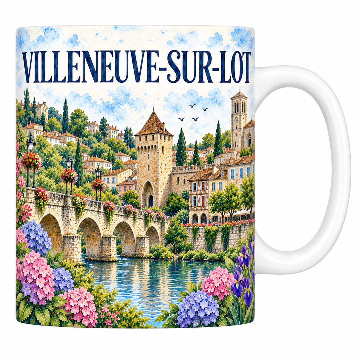 Mug céramique 330 ml Villeneuve-sur-Lot : le pont sur le Lot, la tour-porte et les arcades en aquarelle