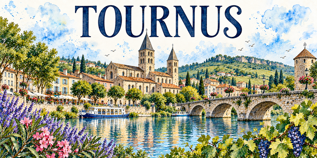 Tournus en aquarelle : l'abbatiale romane au centre avec ses deux tours inégales, l'une haute et coiffée d'une flèche conique, ses longs toits de tuiles rondes, les maisons du quai et leurs terrasses sous auvents à gauche, le pont de pierre à arches franchissant la Saône à droite, une tour ronde coiffée d'un toit de tuiles, des bateaux de promenade amarrés le long de l'eau, les coteaux de vignes et les falaises au fond, lauriers-roses, lavandes et une treille de raisin noir au premier plan