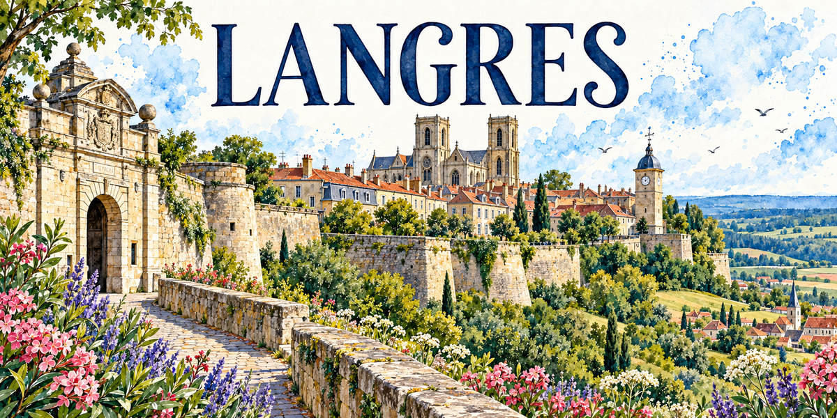 Langres en aquarelle : la porte monumentale de pierre à fronton et blason sculpté à gauche, le chemin pavé bordé d'un muret qui longe le rempart au premier plan, les bastions à éperons et les hautes murailles au centre, les maisons à toits de tuiles rouges serrées derrière, la cathédrale et ses deux tours au fond, une tour-horloge coiffée d'un dôme et d'un lanternon à droite, la campagne et un village à clocher en contrebas, fleurs roses, lavandes et ombelles blanches au premier plan