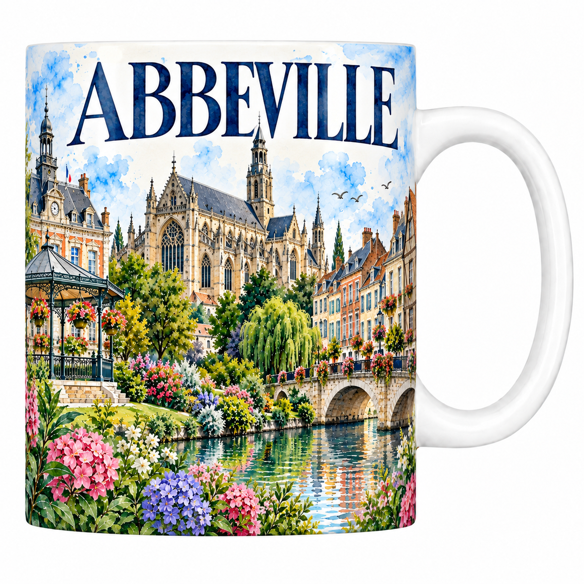 Mug céramique 330 ml Abbeville : la collégiale gothique, le kiosque et le pont de pierre en aquarelle