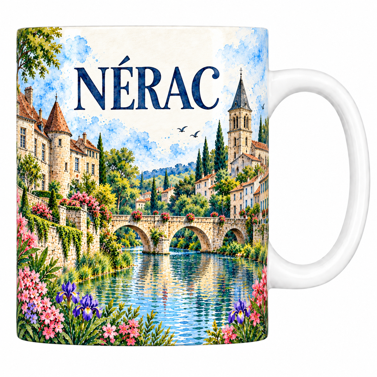 Mug céramique 330 ml Nérac : le château, le pont de pierre sur la Baïse et le clocher en aquarelle