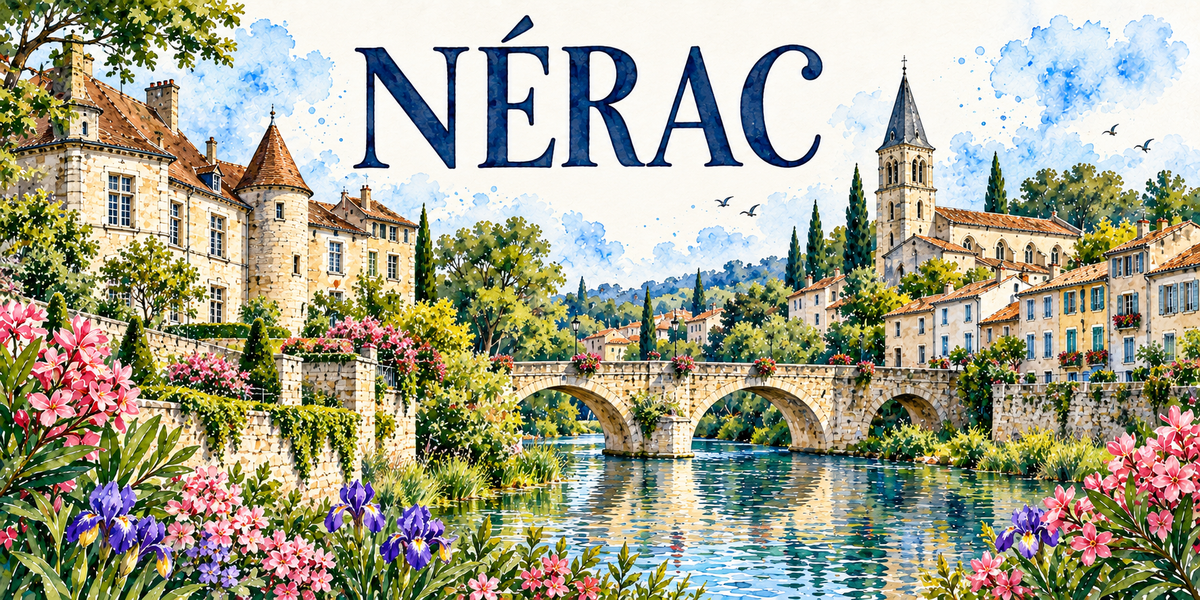 Nérac en aquarelle : le château de pierre blonde à gauche avec sa tourelle d'escalier coiffée d'un toit conique de tuiles, ses terrasses et ses murs couverts de verdure, le pont de pierre à trois arches franchissant la Baïse au centre, le clocher-tour à flèche d'ardoise à droite, les maisons du quai aux toits de tuiles romaines et volets bleus, les cyprès et les collines boisées au fond, l'eau verte et calme, lauriers-roses et iris violets au premier plan
