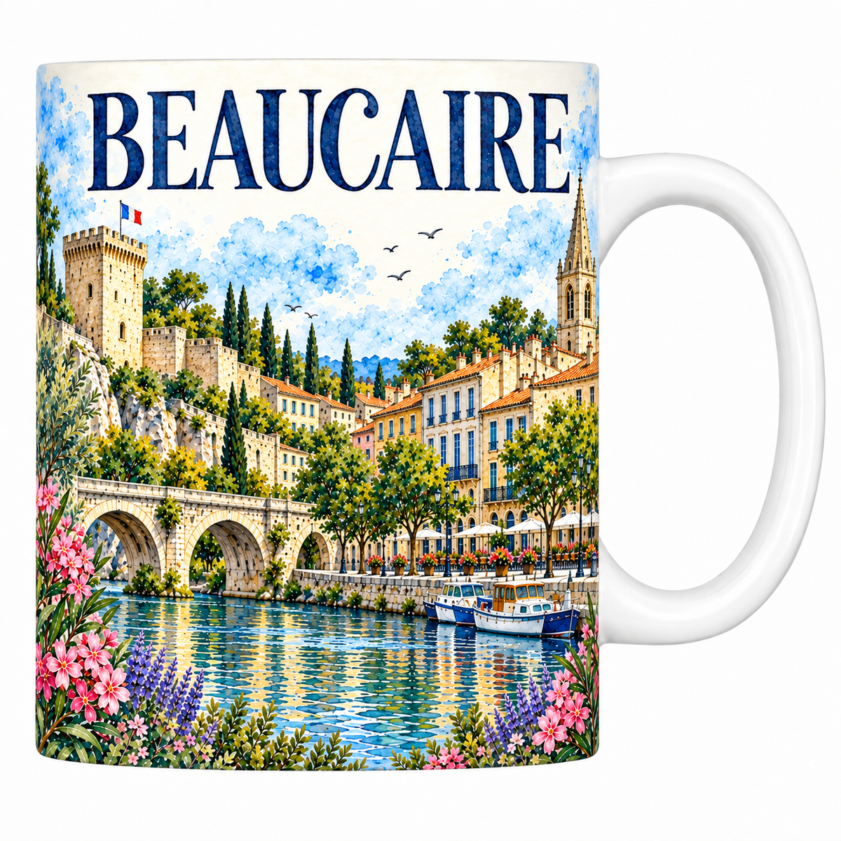 Mug céramique 330 ml Beaucaire : le donjon triangulaire, les remparts et le quai en aquarelle