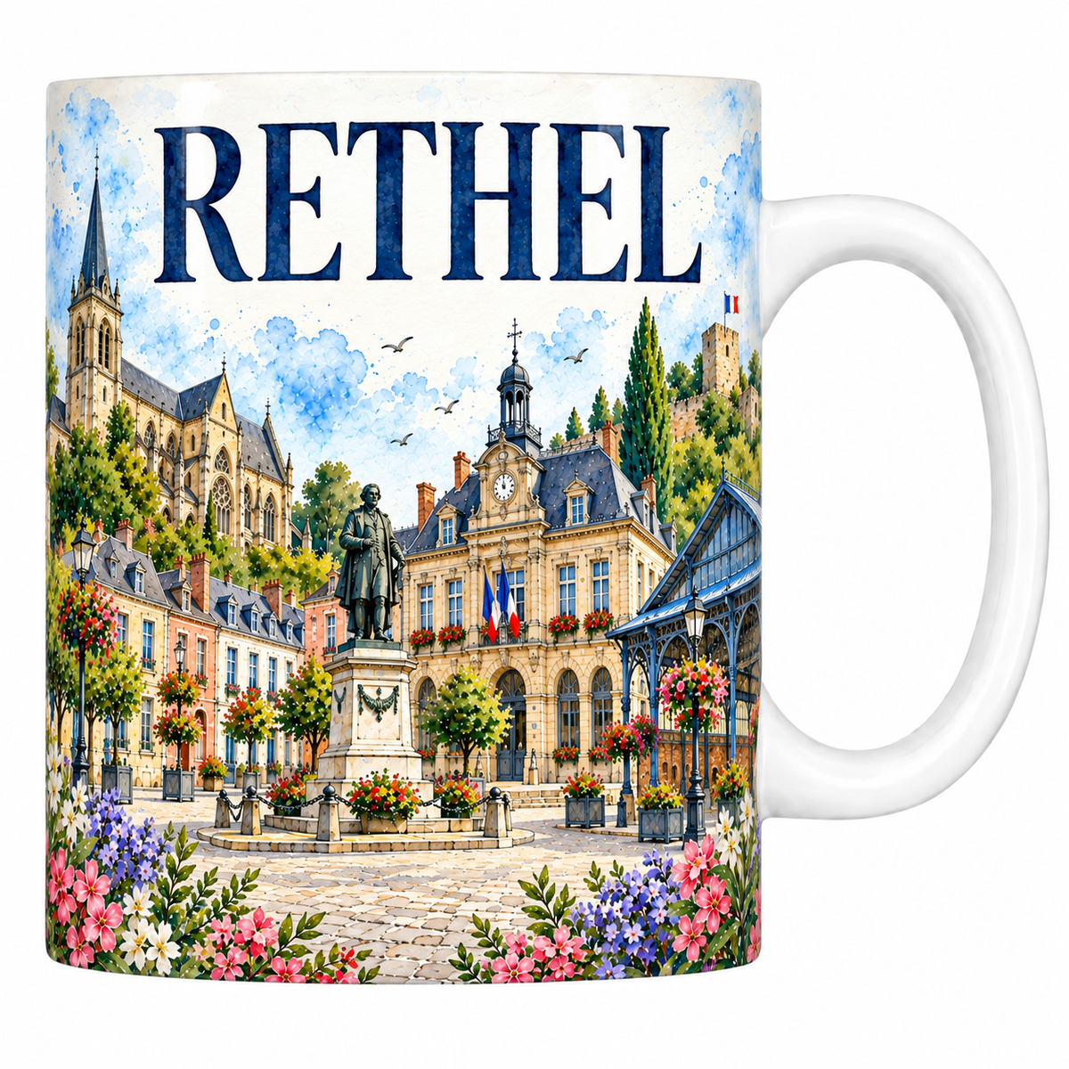 Mug céramique 330 ml Rethel : l'église, l'hôtel de ville et la halle de fonte en aquarelle