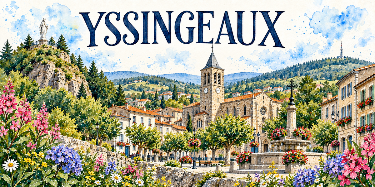 Yssingeaux en aquarelle : un piton rocheux couronné d'une statue blanche à gauche, l'église de pierre sombre au centre avec son clocher-porche carré à toit d'ardoise, ses deux cadrans d'horloge et sa rosace, la fontaine de pierre à vasque ronde surmontée d'une croix de fer forgé à droite, les maisons aux toits de tuiles orange et volets bleus, les platanes et les bancs de la place, un mur de pierre sèche, hortensias bleus, marguerites et fleurs roses au premier plan, collines boisées du Velay au fond