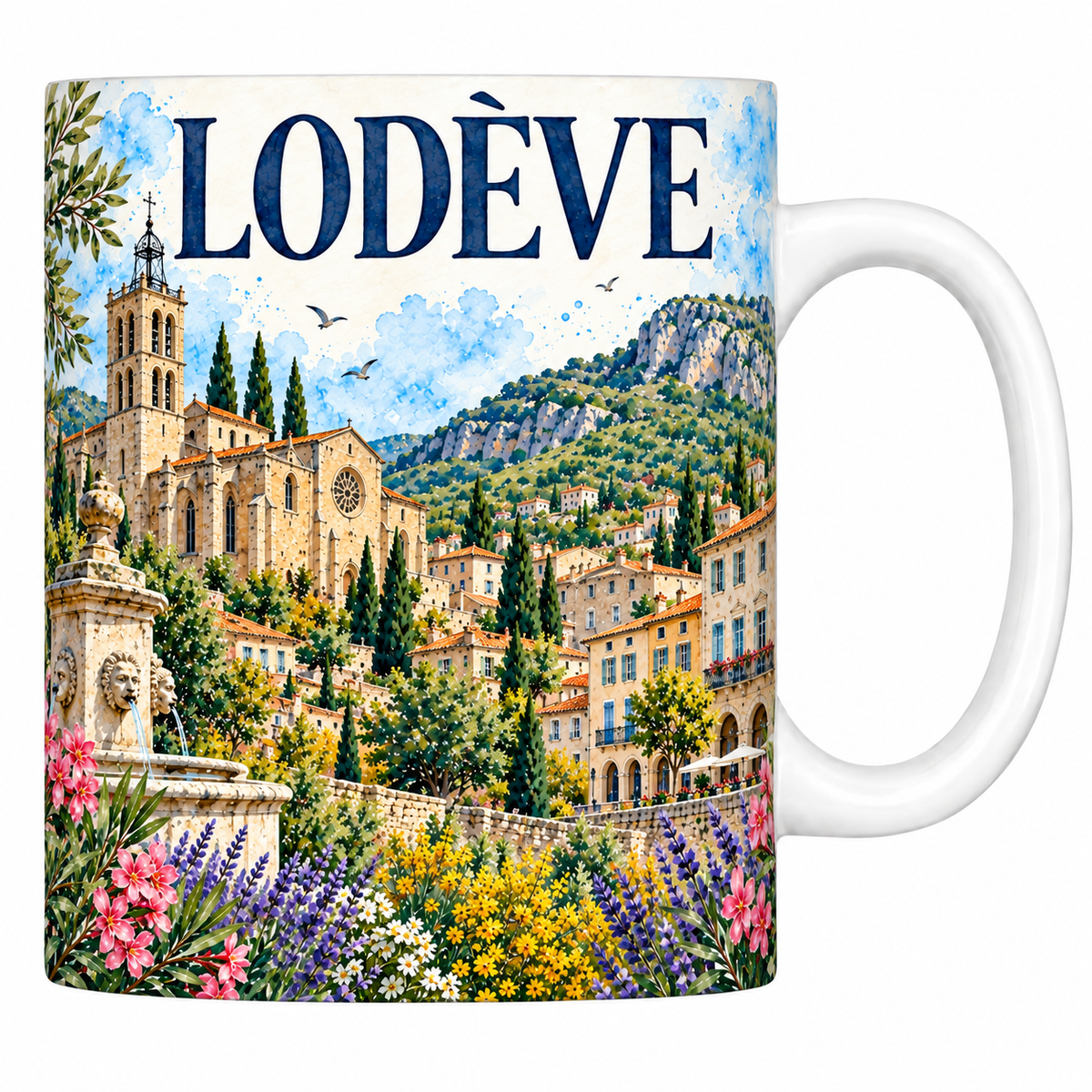 Mug céramique 330 ml Lodève : la cathédrale Saint-Fulcran, la fontaine aux lions et les falaises en aquarelle