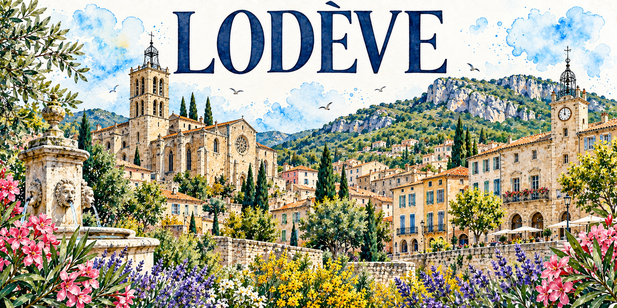Lodève en aquarelle : la cathédrale de pierre dorée à gauche, son haut clocher-tour carré à baies jumelées coiffé d'un campanile de fer forgé, sa nef gothique à contreforts et sa grande rosace, une fontaine de pierre aux têtes de lion crachant l'eau au premier plan, le bâtiment à arcades et sa tour d'horloge à droite, les maisons ocre aux toits de tuiles romaines et volets bleus, les cyprès, les falaises calcaires et la garrigue au fond, lauriers-roses, lavandes et oliviers au premier plan