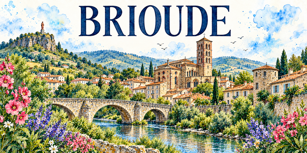 Brioude en aquarelle : un piton rocheux couronné d'une statue dorée à gauche, la basilique romane de pierre ocre au centre avec son haut clocher-tour à étages de baies et son abside aux toits de tuiles, un pont de pierre à arches enjambant l'Allier au premier plan, une grosse tour ronde coiffée de tuiles à droite, les maisons aux toits de tuiles rouges, les cyprès et les collines vertes du Brivadois au fond, un mur de pierre, lauriers-roses, delphiniums bleus et marguerites au premier plan