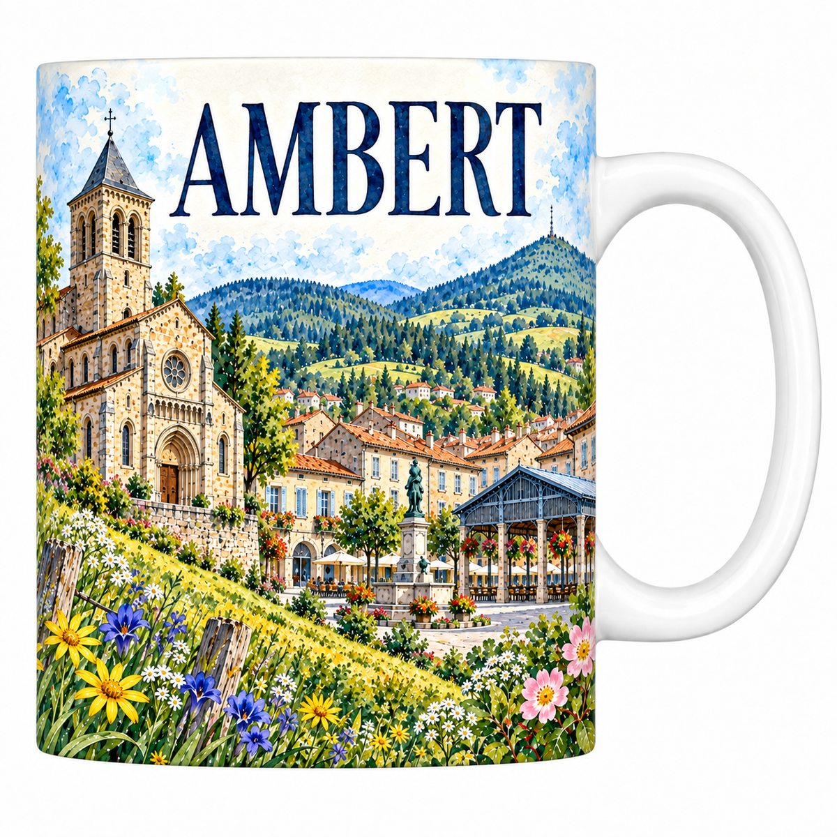 Mug céramique 330 ml Ambert : l'église de pierre claire, la halle de fonte et les monts du Livradois en aquarelle