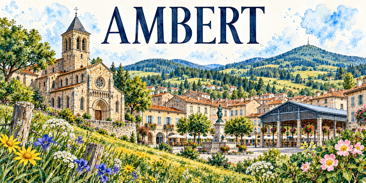Ambert en aquarelle : l'église de pierre claire à gauche avec son clocher-tour à baies géminées coiffé d'un toit pointu d'ardoise, sa grande rosace et son portail à voussures, une statue de bronze sur un haut socle au centre de la place, la halle de fonte et de verre à droite, les maisons claires aux toits de tuiles rouges, leurs arcades et leurs terrasses sous parasols blancs, une prairie fleurie en pente au premier plan avec iris bleus, marguerites et églantines, les monts boisés du Livradois au fond