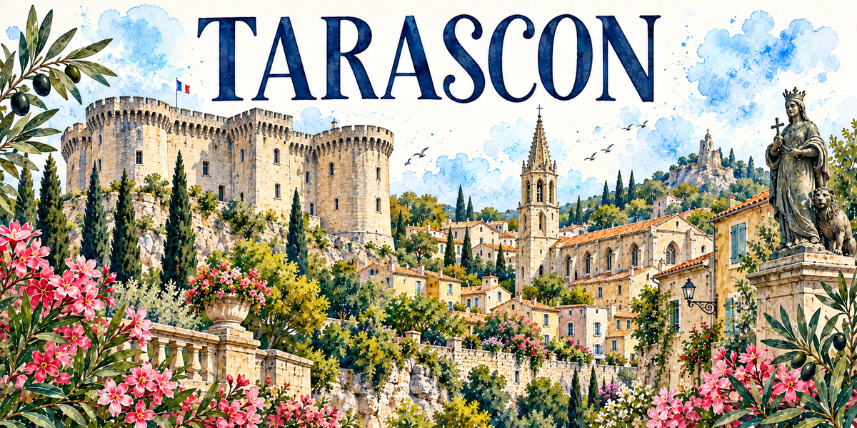 Tarascon en aquarelle : la forteresse de pierre claire à gauche, ses mâchicoulis, ses créneaux et ses tours rondes et carrées, un drapeau français au sommet, les cyprès au pied des remparts, le clocher gothique à haute flèche de pierre ajourée au centre, les maisons aux toits de tuiles romaines et volets bleus, une chapelle sur un piton boisé au fond, une balustrade de pierre et sa vasque fleurie au premier plan, lauriers-roses et rameaux d'olivier chargés d'olives