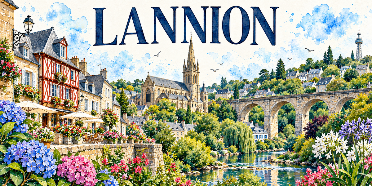 Lannion en aquarelle : une maison à pans de bois rouge et blanc à gauche sous son toit d'ardoise à lucarnes, la terrasse et ses parasols blancs, un lampadaire de fonte en potence, la grande église de pierre claire au centre avec son clocher à flèche ajourée et ses baies gothiques, le viaduc de pierre à arches enjambant la vallée à droite, le Léguer et ses saules pleureurs au premier plan, les maisons aux toits d'ardoise sur les coteaux boisés, hortensias bleus et roses et agapanthes blanches au premier plan