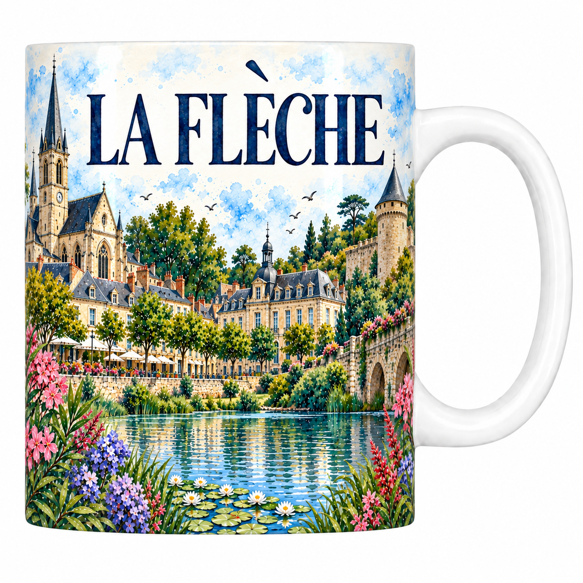 Mug céramique 330 ml La Flèche : l'église, le grand bâtiment classique et le Loir en aquarelle