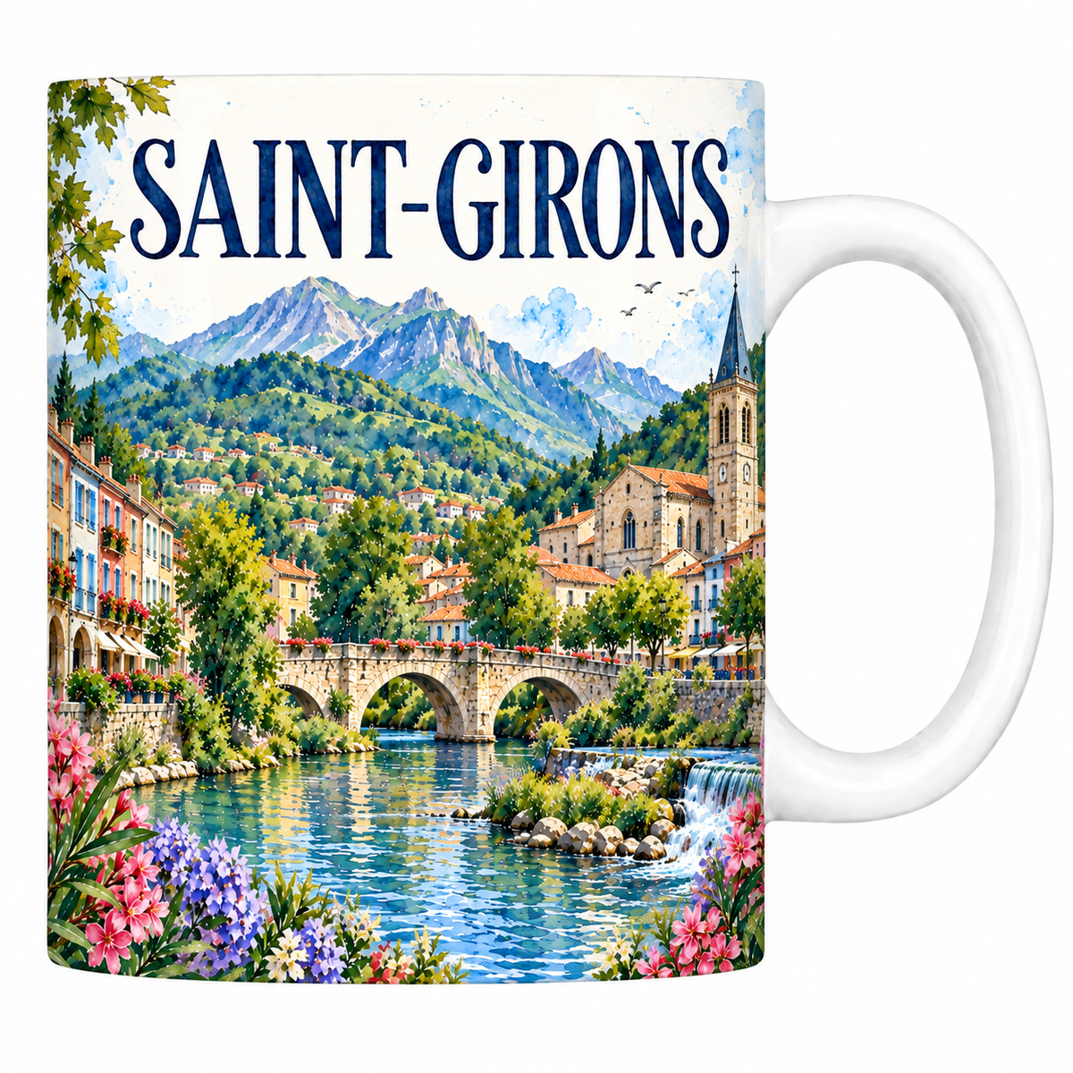Mug céramique 330 ml Saint-Girons : les façades du quai, le pont de pierre et les Pyrénées en aquarelle