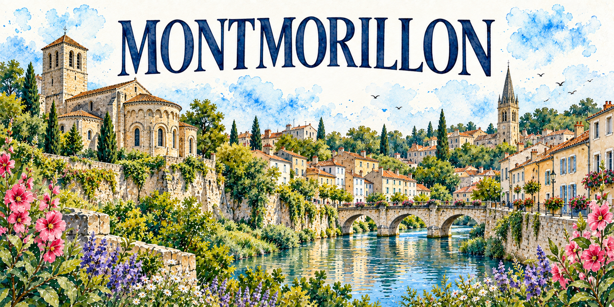 Montmorillon en aquarelle : l'église romane dressée sur son escarpement à gauche, son clocher-tour carré à baies géminées et son abside à chapelles rondes coiffées de tuiles, les hauts murs de soutènement couverts de verdure, les maisons claires aux toits de tuiles alignées au-dessus de la Gartempe, le vieux pont de pierre à arches au centre, un clocher à haute flèche d'ardoise et une horloge à droite, les cyprès, la rivière verte et ses reflets, roses trémières, lavandes et marguerites au premier plan