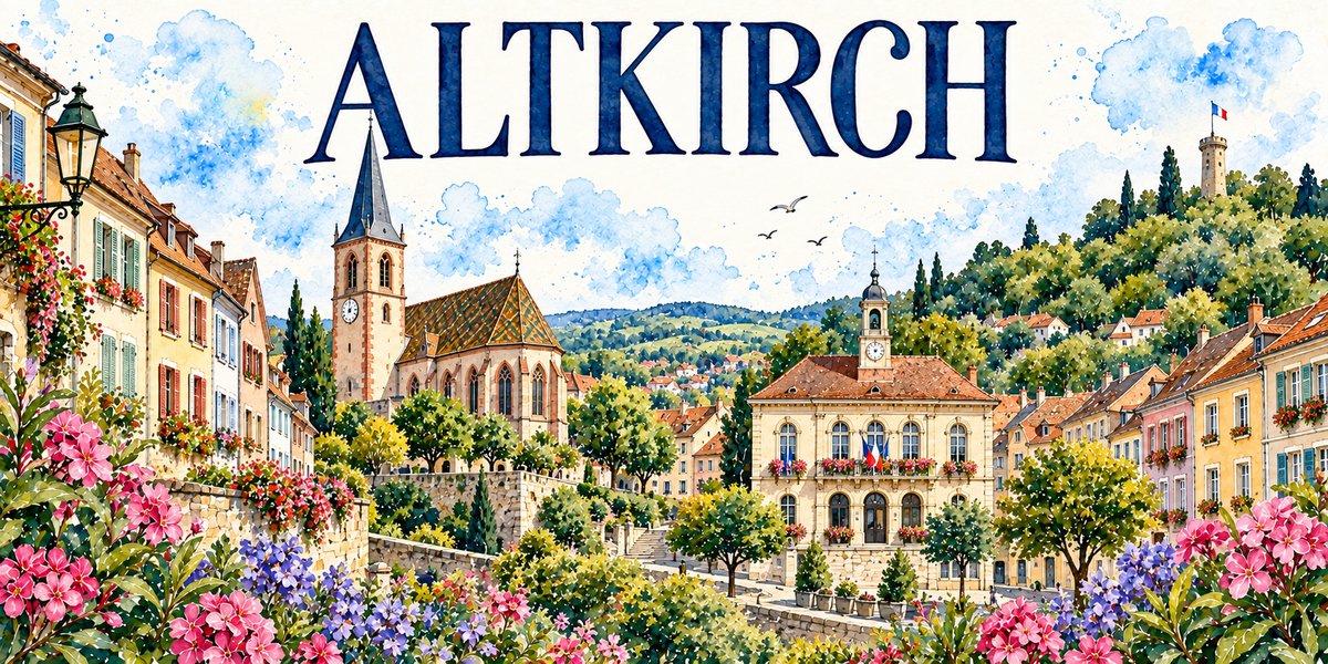 Altkirch en aquarelle : les maisons jaunes, roses et ocre de la rue en pente à gauche avec leurs volets verts et bleus et leurs balcons fleuris, l'église de pierre claire au centre, son clocher-tour à flèche d'ardoise et horloge et son toit de tuiles vernissées à losanges verts et ocre, l'hôtel de ville à droite coiffé d'un campanile à horloge et pavoisé de drapeaux, une tour ronde sur la colline boisée, les collines du Sundgau au fond, lauriers-roses et agapanthes mauves au premier plan