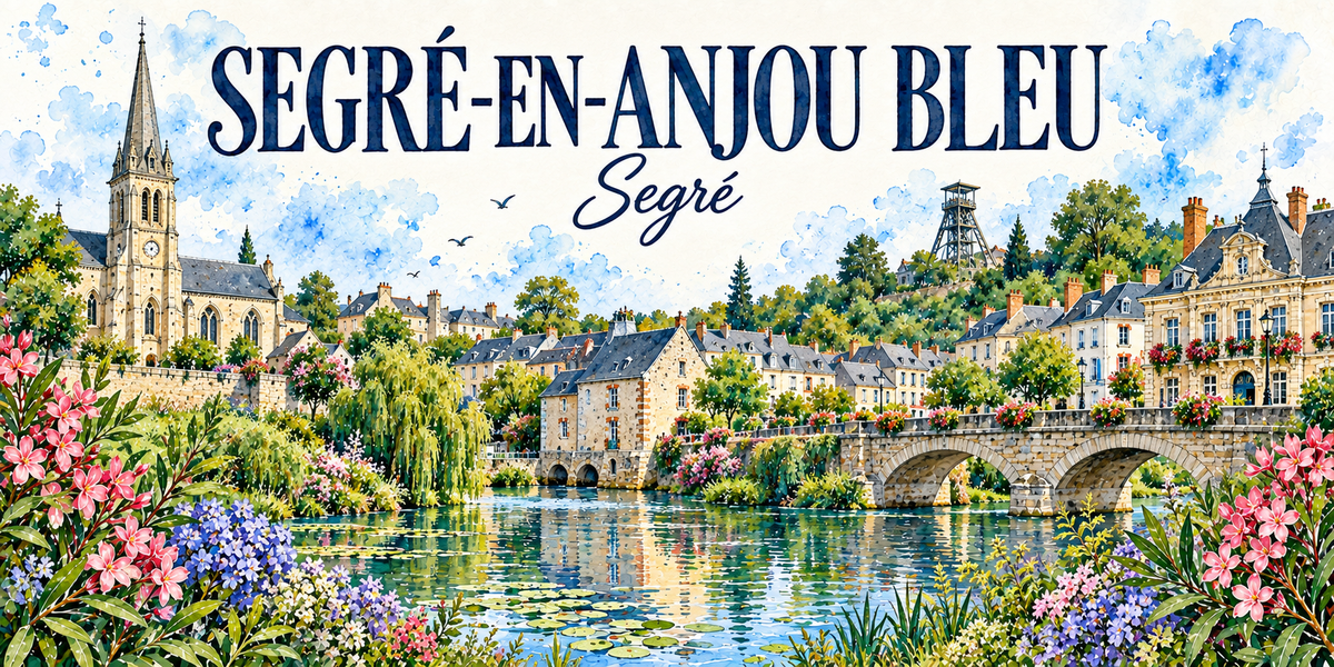 Segré-en-Anjou Bleu en aquarelle, avec la mention Segré en cursive sous le nom : l'église de pierre claire à gauche, sa haute flèche, son horloge et ses toits d'ardoise, les maisons de schiste aux toits d'ardoise alignées au bord de l'Oudon, le pont de pierre à arches au centre, le grand bâtiment classique à lucarnes sur le quai à droite, un chevalement de mine en charpente métallique sur la colline boisée, les saules pleureurs et les nénuphars, lauriers-roses et hortensias bleus au premier plan