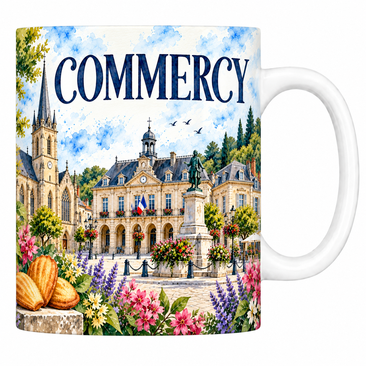Mug céramique 330 ml Commercy : l'hôtel de ville, l'église et les madeleines en aquarelle