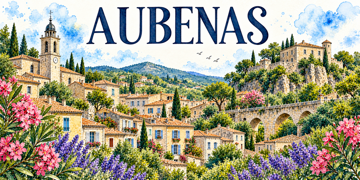 Aubenas en aquarelle : le clocher-tour de pierre claire à gauche coiffé d'un campanile de fer forgé à dôme sombre et d'une horloge, les maisons de pierre dorée étagées sur la pente avec leurs toits de tuiles romaines, leurs volets bleus et leurs balcons fleuris, le château massif dressé sur son rocher à droite, un pont de pierre à arches, les cyprès et les pins, les collines boisées de l'Ardèche au fond, lauriers-roses et lavandes au premier plan