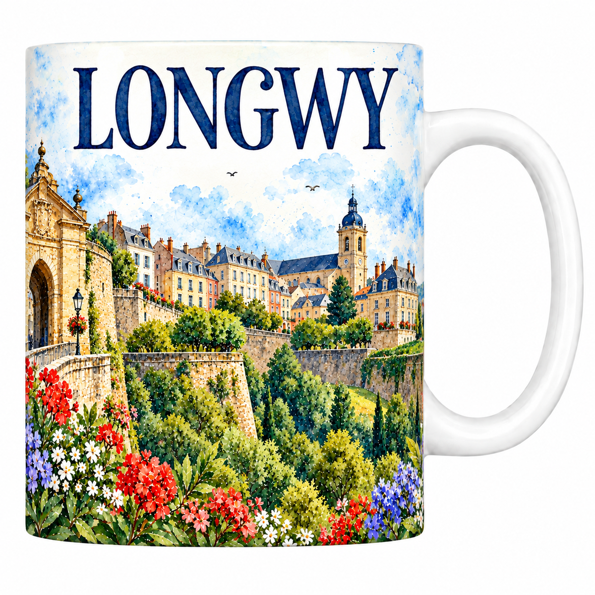 Mug céramique 330 ml Longwy : la porte monumentale, les remparts et les façades de la ville haute en aquarelle