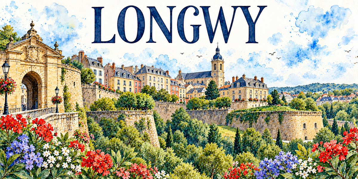 Longwy en aquarelle : la porte monumentale de pierre dorée à gauche, son arcade, son fronton sculpté et ses boules de pierre, le pont d'accès bordé de garde-corps et de lampadaires de fonte, les bastions et les remparts de pierre à talus herbeux, les façades classiques de la ville haute aux toits d'ardoise mansardés et aux lucarnes, l'église à dôme sombre et horloge au centre, les arbres taillés et les collines boisées au fond, géraniums rouges, agapanthes bleues et marguerites blanches au premier plan