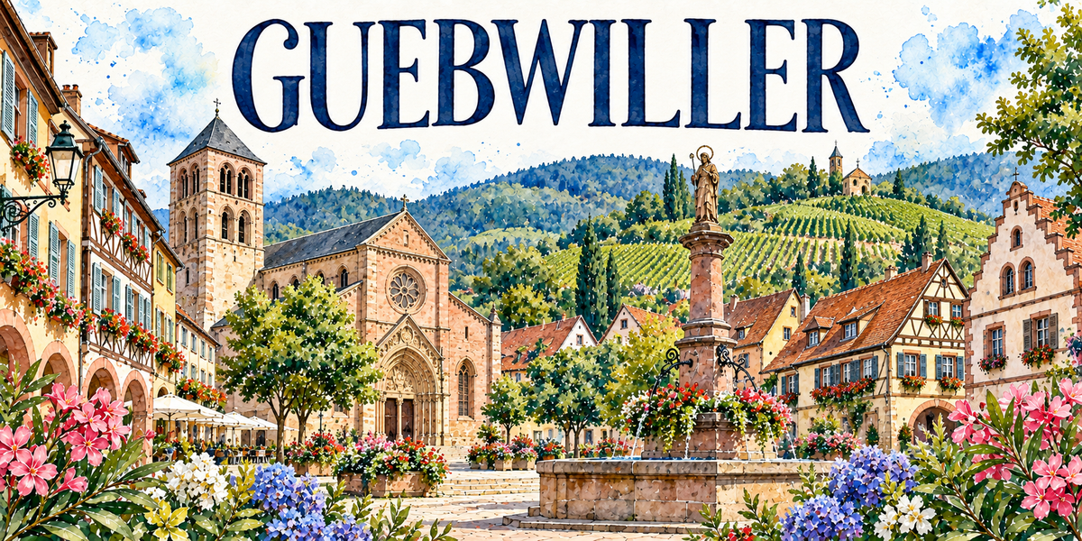 Guebwiller en aquarelle : les maisons jaunes à arcades, volets bleus et géraniums à gauche, l'église de grès rose au centre avec son clocher-tour carré à baies géminées, sa rosace et son portail gothique, une fontaine de pierre à colonne surmontée d'une statue dorée coiffée de la mitre, les maisons à colombages et pignons à redents à droite, les terrasses sous parasols, le vignoble en coteaux et les collines boisées du Florival au fond, hortensias bleus et lauriers-roses au premier plan