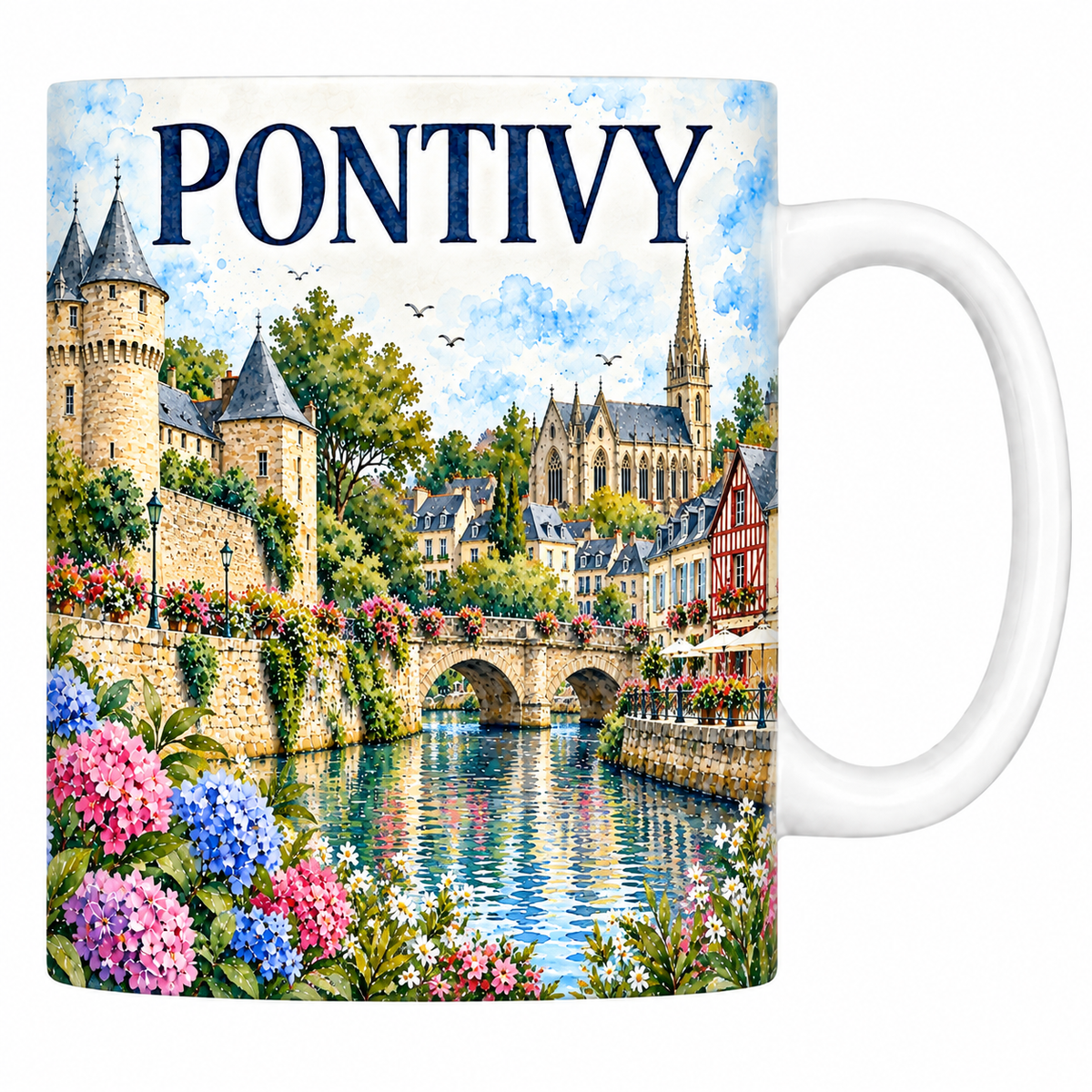 Mug céramique 330 ml Pontivy : le château des Rohan, le pont sur le Blavet et les quais fleuris en aquarelle
