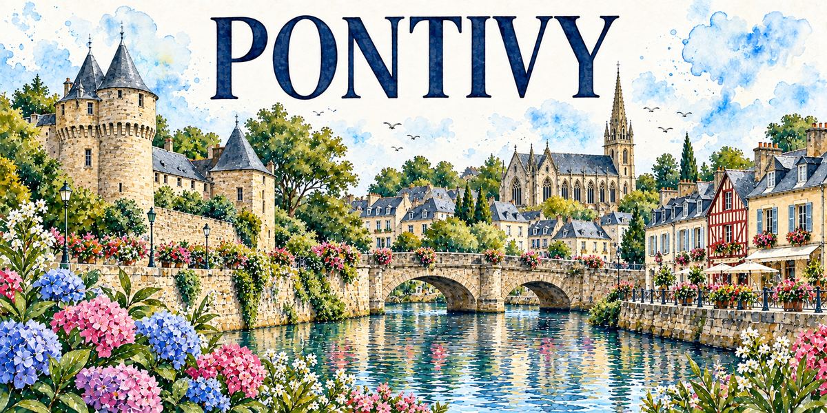 Pontivy en aquarelle : le château à gauche avec ses grosses tours rondes coiffées de toits coniques d'ardoise, ses mâchicoulis et sa courtine de pierre, le pont de pierre à deux arches franchissant le Blavet au centre, la grande église à haute flèche de pierre ajourée et ses baies gothiques, les maisons de granit aux toits d'ardoise et une maison à pans de bois rouge à droite, les terrasses sous parasols, les quais de pierre fleuris, hortensias roses, bleus et mauves au premier plan