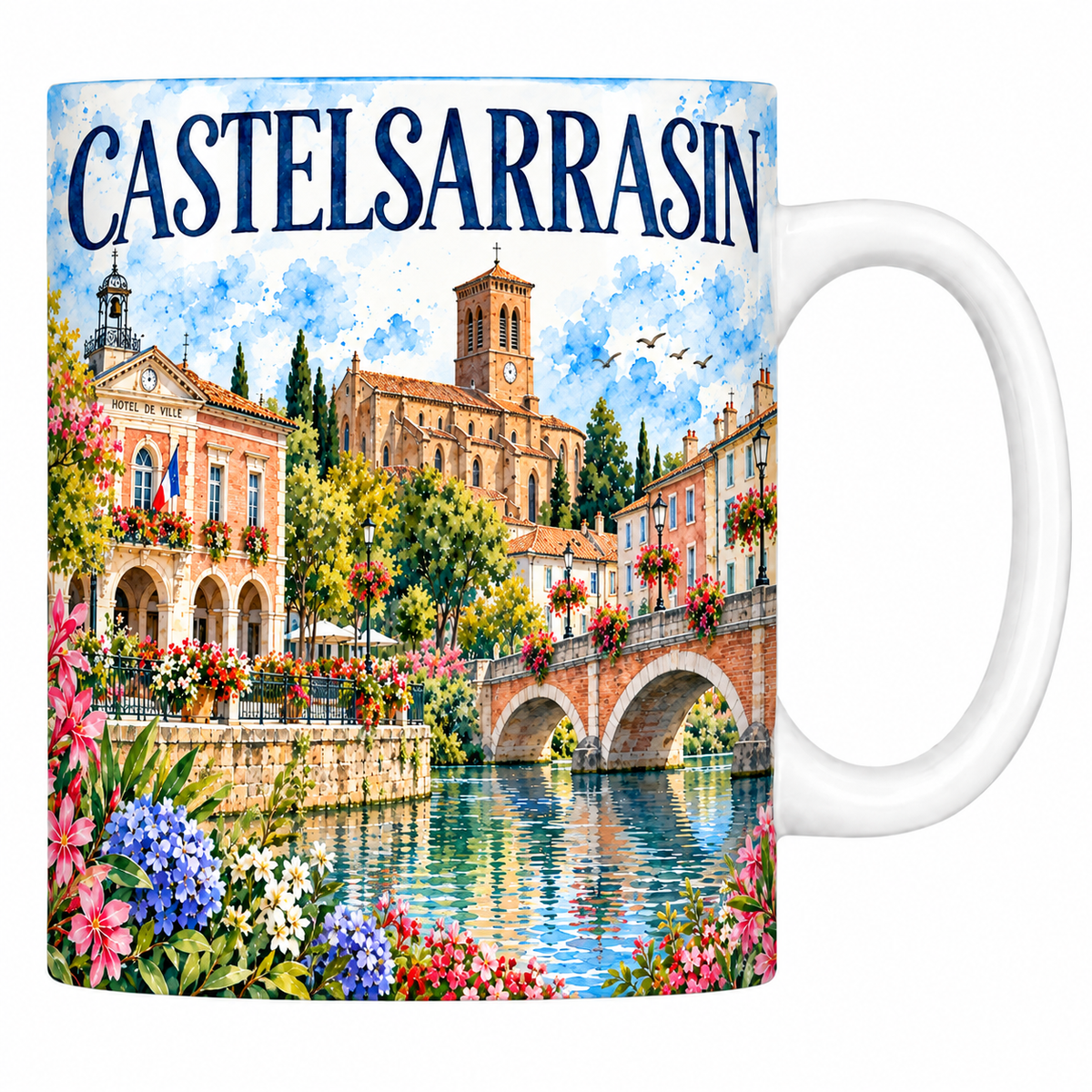Mug céramique 330 ml Castelsarrasin : l'hôtel de ville de brique, l'église et le pont de brique en aquarelle