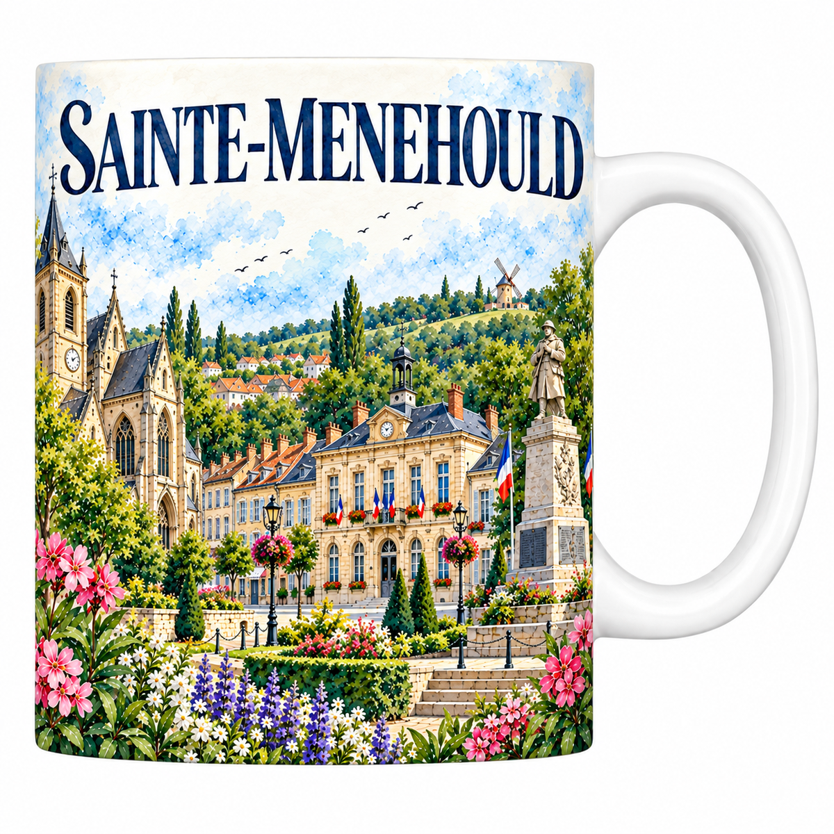 Mug céramique 330 ml Sainte-Menehould : l'église, l'hôtel de ville et le moulin sur la colline en aquarelle
