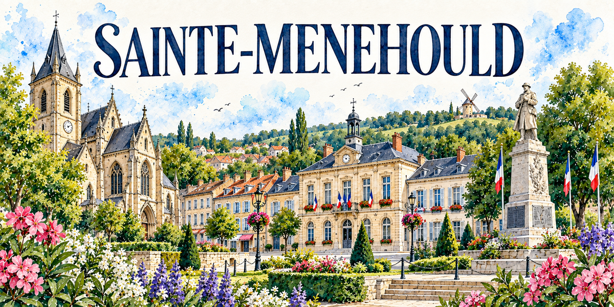 Sainte-Menehould en aquarelle : l'église gothique à gauche avec son clocher-tour à flèche d'ardoise et ses contreforts, l'hôtel de ville classique au centre sous ses toits d'ardoise, coiffé d'un campanile à horloge et pavoisé de drapeaux, les maisons alignées de la place, un monument de pierre surmonté d'une statue de soldat et encadré de drapeaux à droite, les ifs taillés et les lampadaires, un moulin à vent sur la colline boisée au fond, lauriers-roses et delphiniums au premier plan