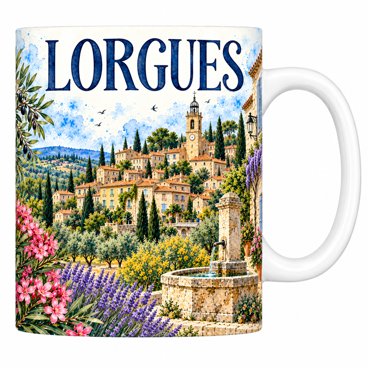 Mug céramique 330 ml Lorgues : le clocher à campanile de fer, la fontaine et les oliviers en aquarelle