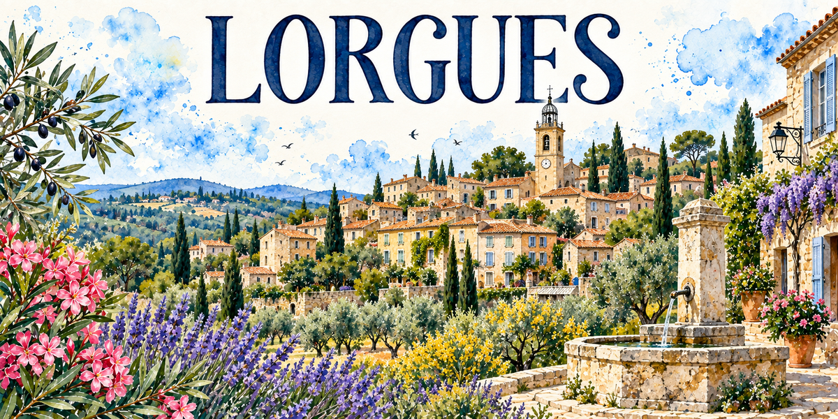 Lorgues en aquarelle : le village provençal étagé sur sa colline, ses maisons de pierre dorée aux toits de tuiles romaines et volets bleus, le haut clocher-tour au centre coiffé d'un campanile de fer forgé et d'une horloge, une fontaine de pierre à vasque ronde et son filet d'eau au premier plan à droite, une maison couverte de glycine mauve et son lampadaire en potence, les cyprès et les oliviers en terrasses, les collines boisées au fond, lavandes, mimosa et lauriers-roses au premier plan