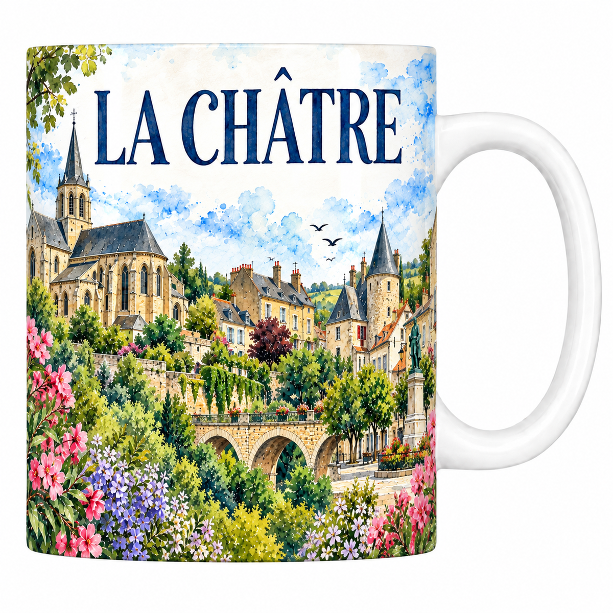 Mug céramique 330 ml La Châtre : l'église Saint-Germain, le donjon rond et le pont sur l'Indre en aquarelle